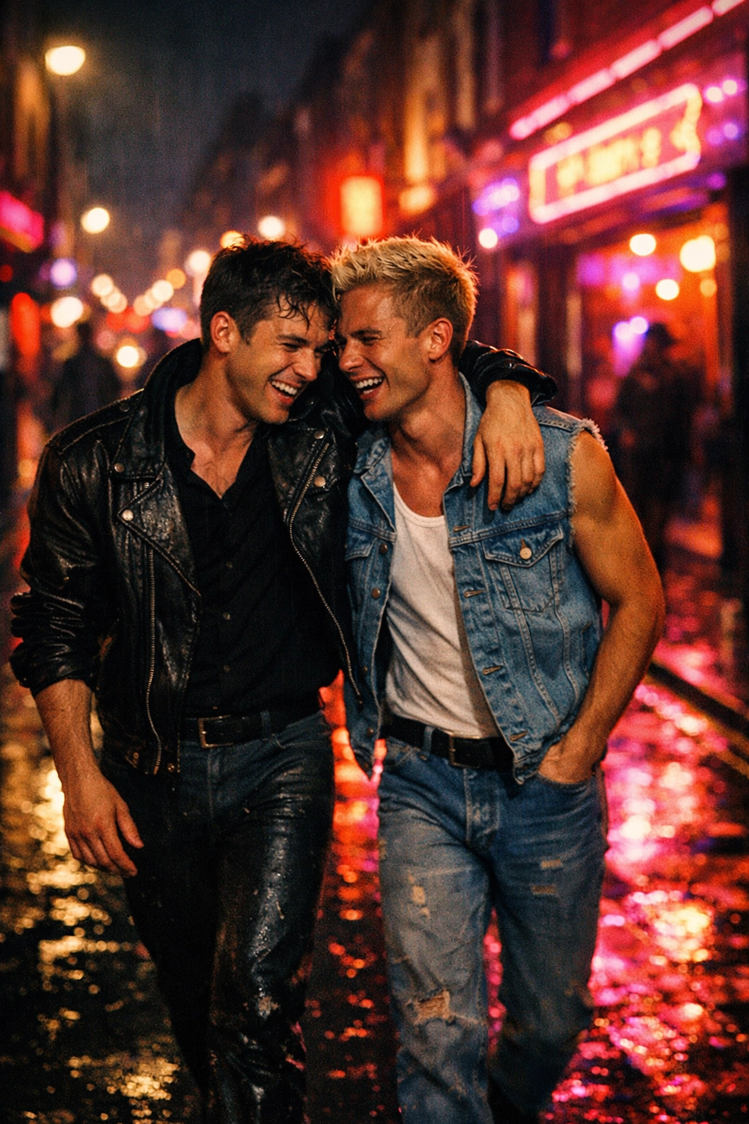Gay men walking through neon-lit Soho at night, a classic setting for MM romance books and queer fiction.