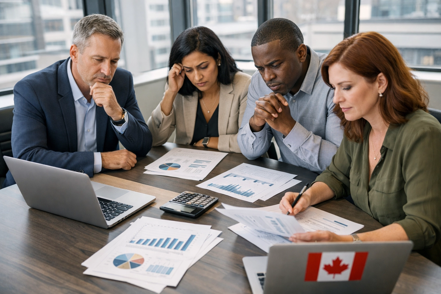 Canadian business owners reviewing loan application documents at conference table