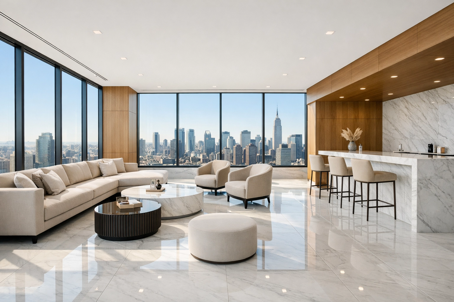 Spotless multifamily building lounge with marble floors overlooking a city skyline for property managers.
