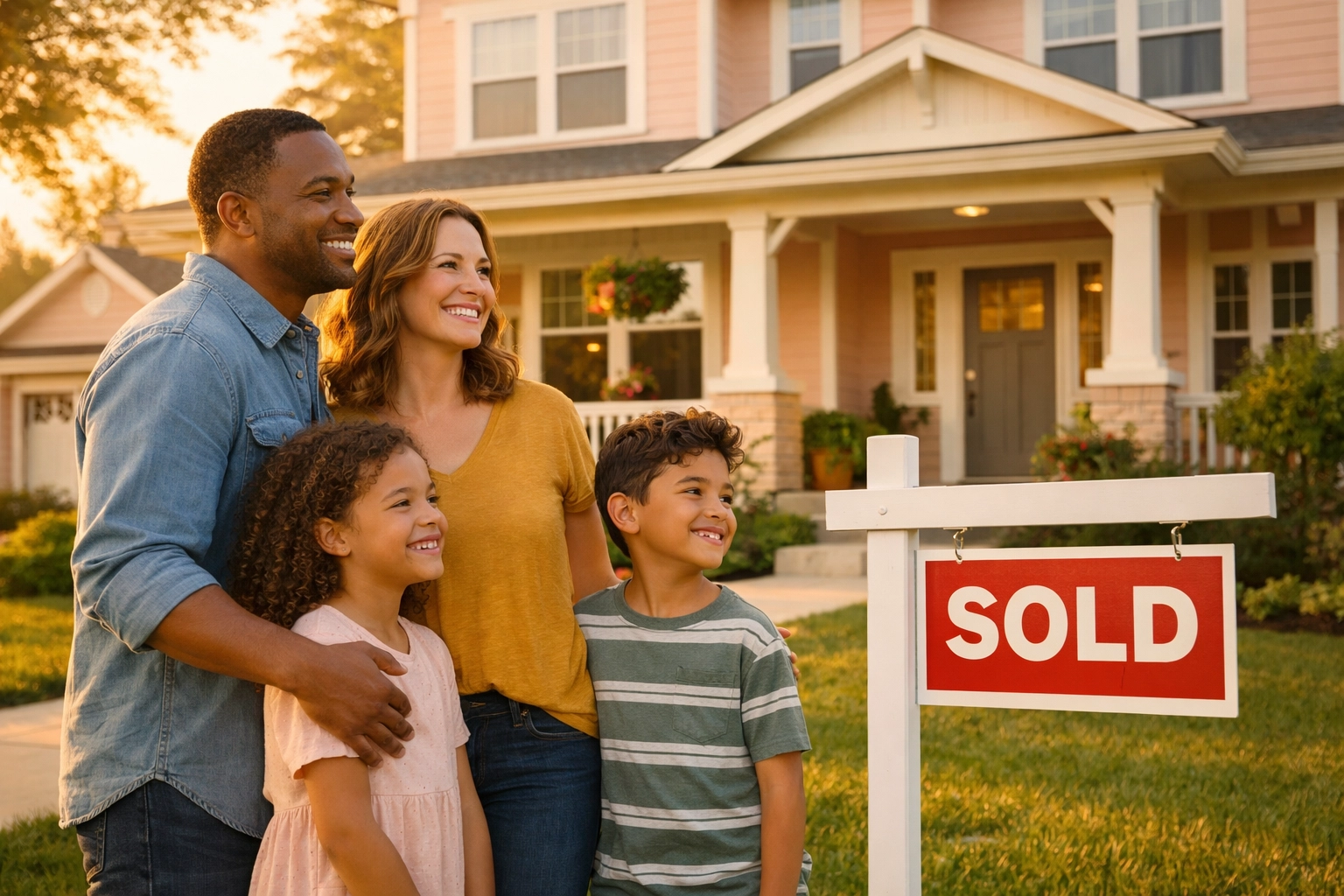 Happy family celebrating homeownership after securing affordable home loan with low fees