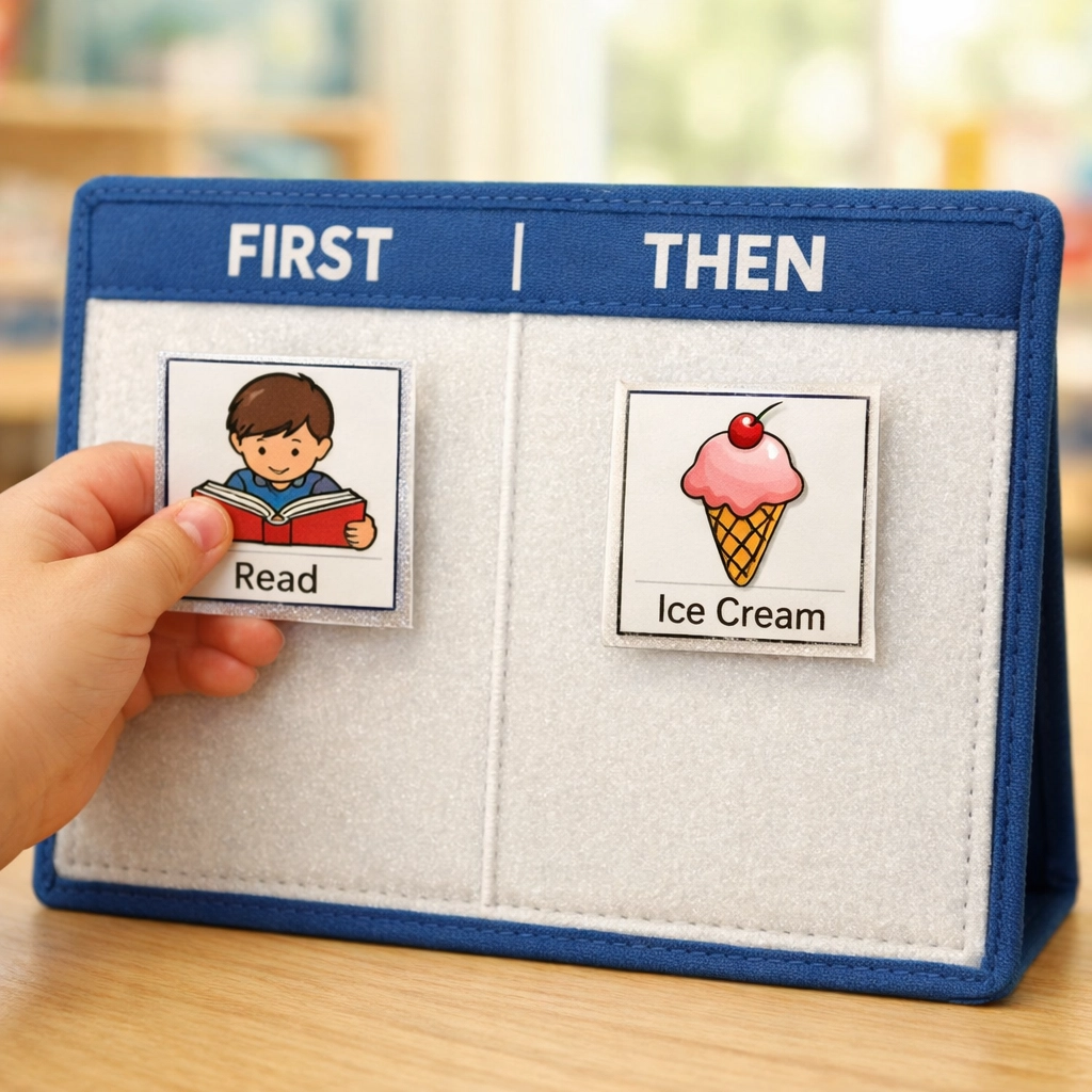 A child using a First-Then board as an autism resource for teachers to visualize daily classroom schedules.