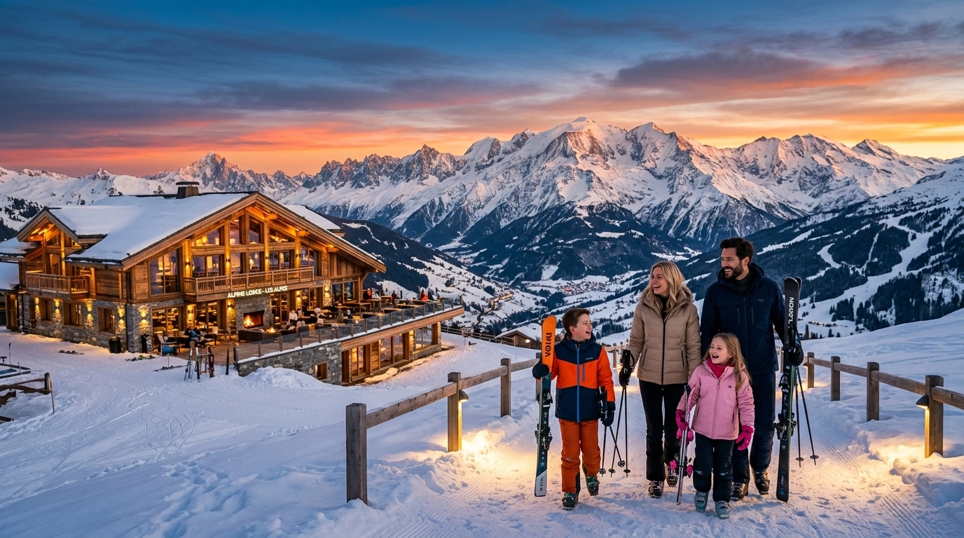 A panoramic view of a snow-covered mountain range at sunset with a modern, luxury all-inclusive ski resort.