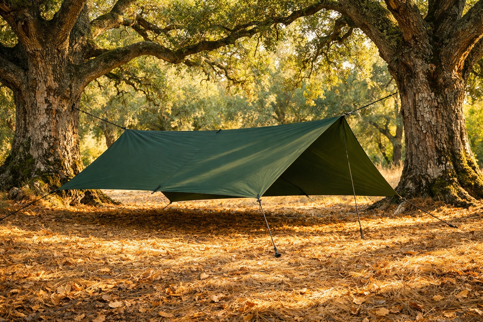 A green tarp shelter pitched between trees in a sunny woodland glade.