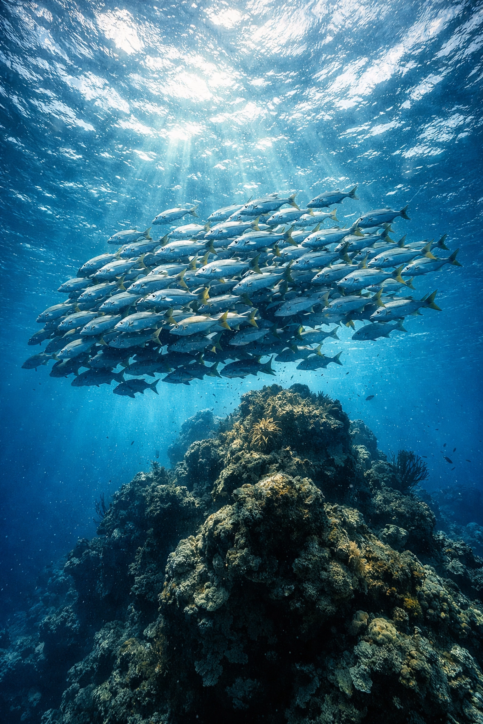 School of snappers over sea mount showcasing Cayman Islands marine biodiversity