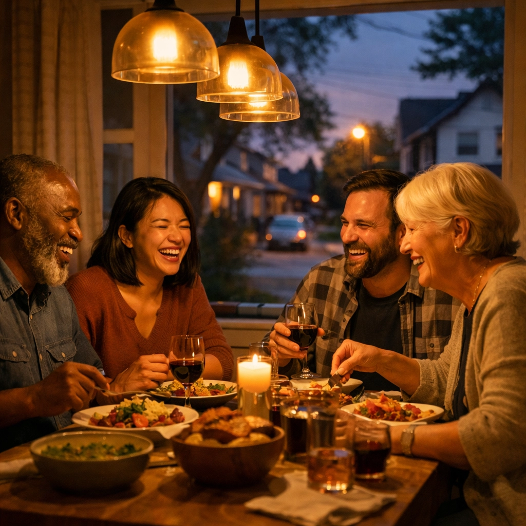 Community gathering around dinner table for local connection and fellowship