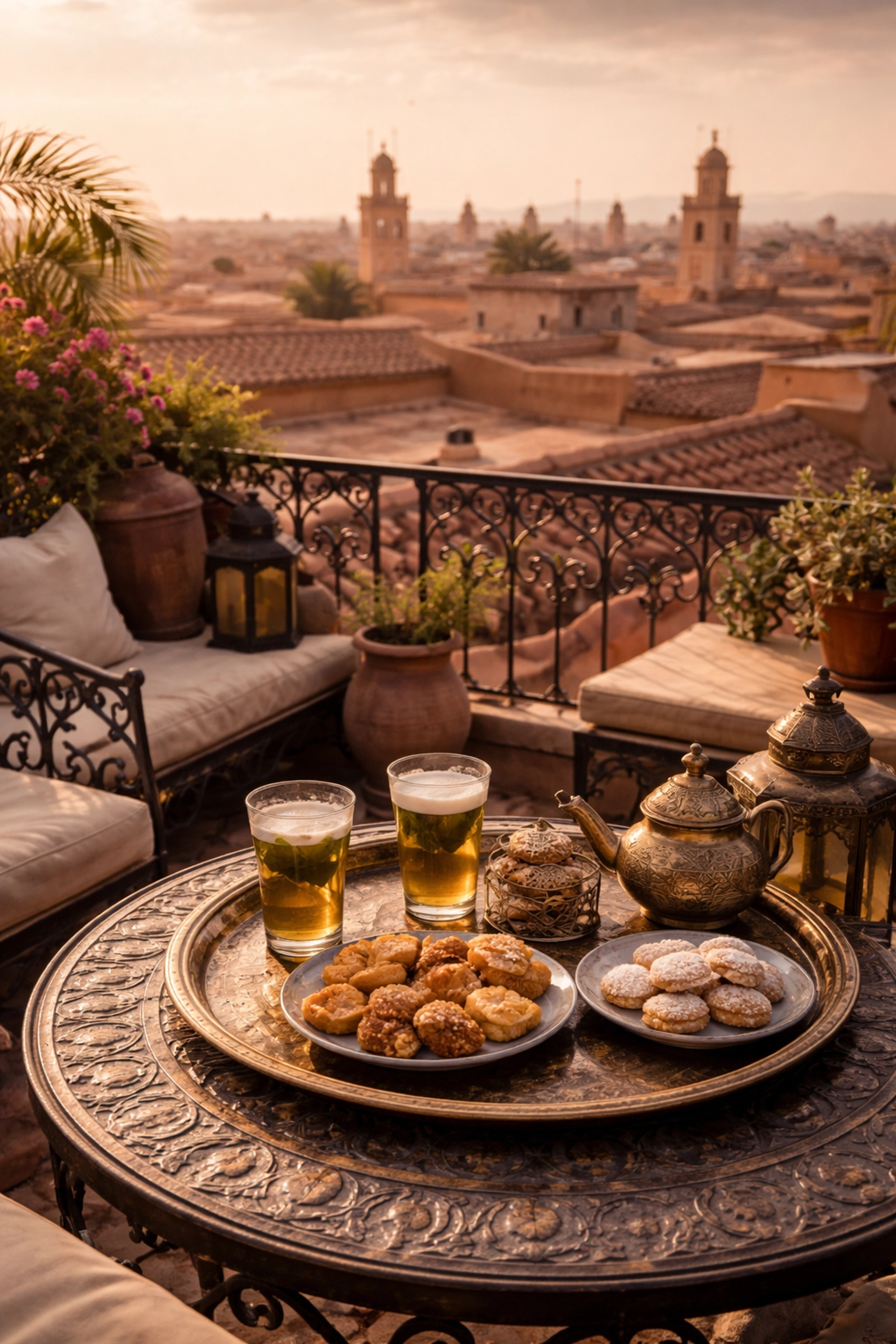 Rooftop terrace cafe in Marrakesh Medina with mint tea and pastries overlooking golden city rooftops at sunset