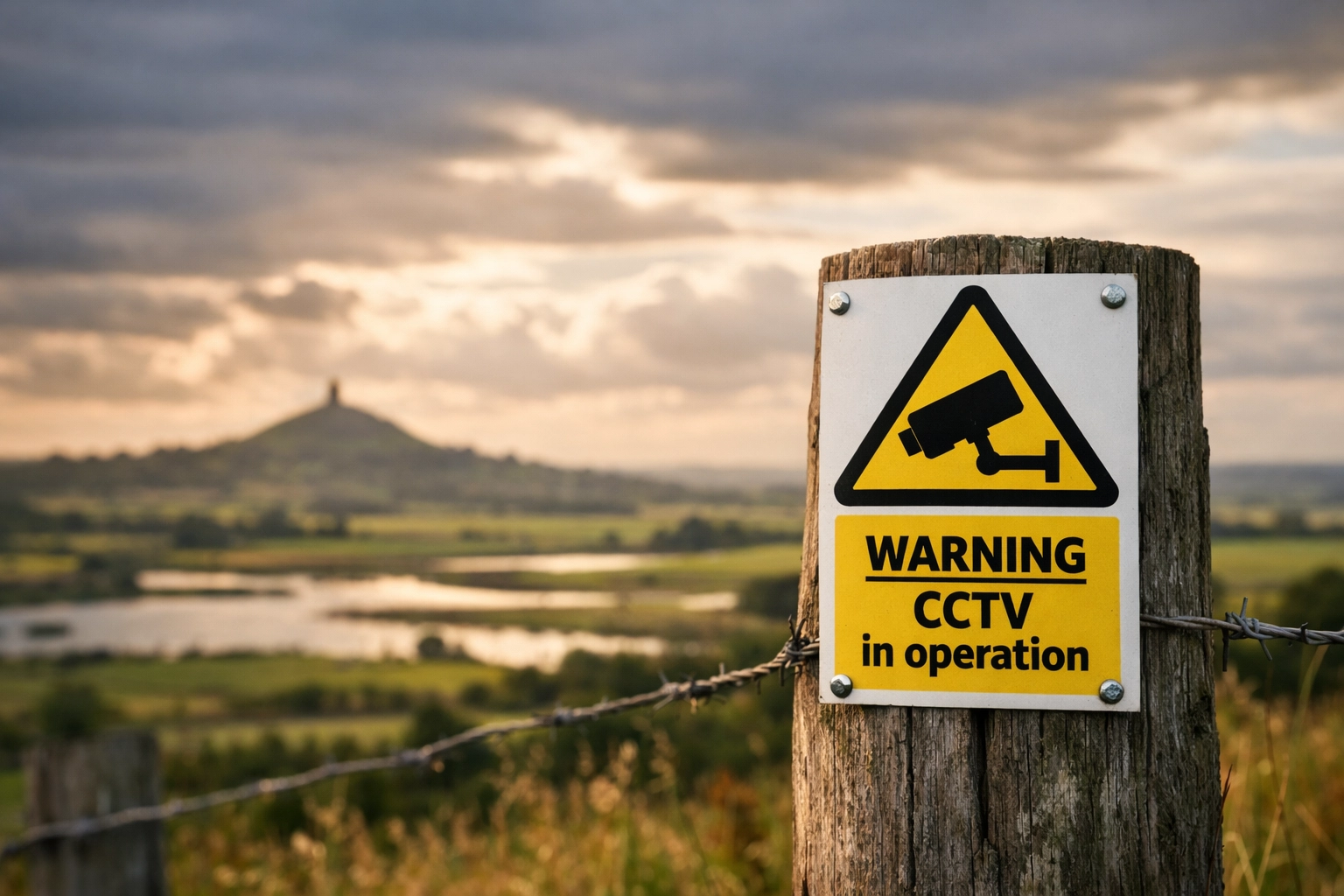 Standard yellow UK CCTV warning sign on a rural fence post with the Somerset Levels landscape in the background.