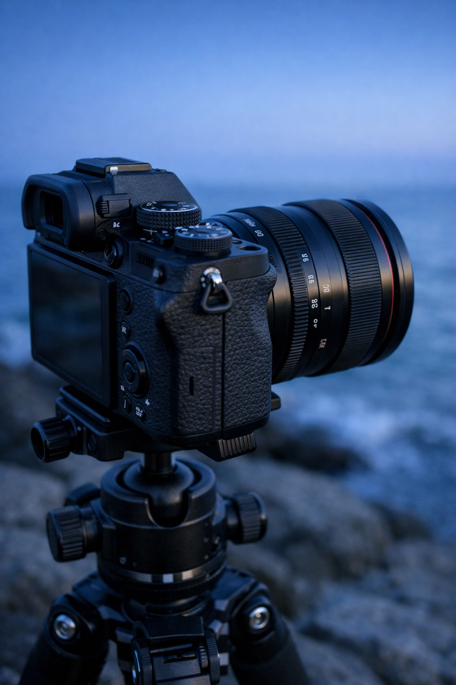 Professional mirrorless camera on a tripod at a shoreline for fine art photography technical setup.
