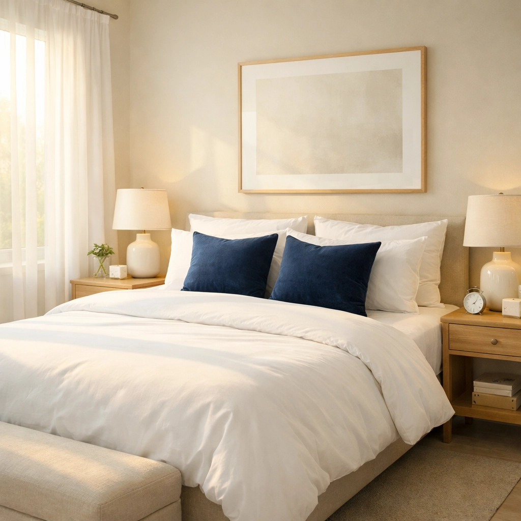 A serene and dust-free minimalist bedroom sanctuary maintained by professional house cleaning services.