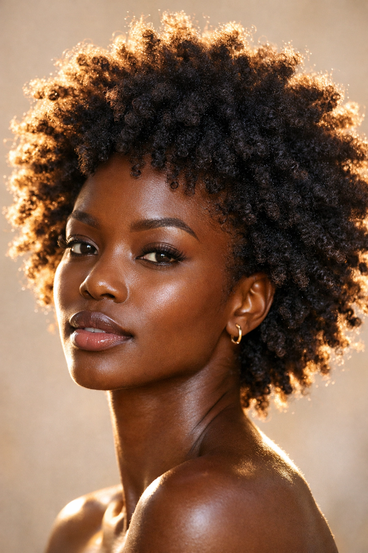 Woman with mahogany skin showcasing lightweight, healthy 4C natural curls and weightless volume.