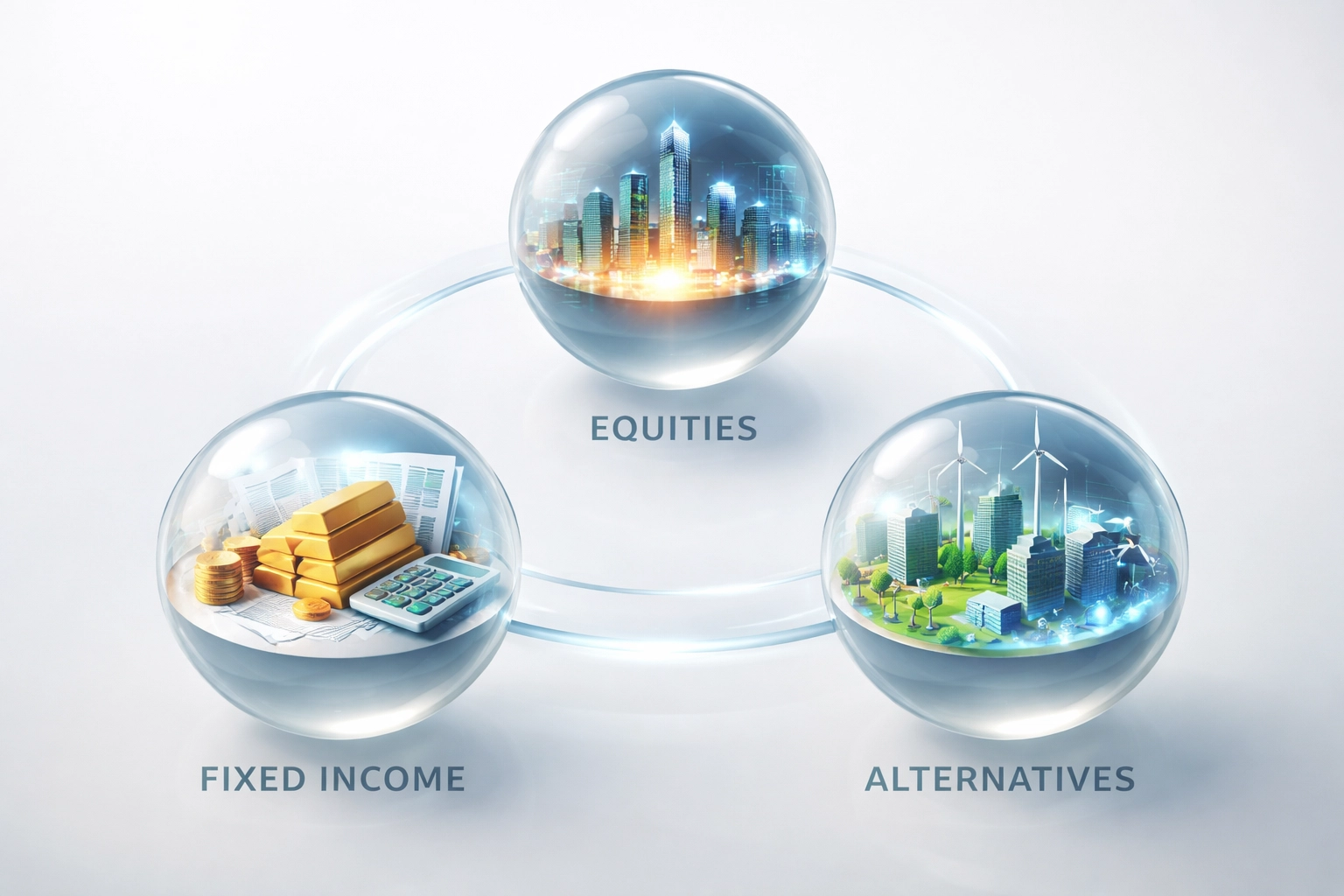 Three connected spheres represent diversification in the 40/30/30 investment model: stocks, fixed income, and alternative assets.