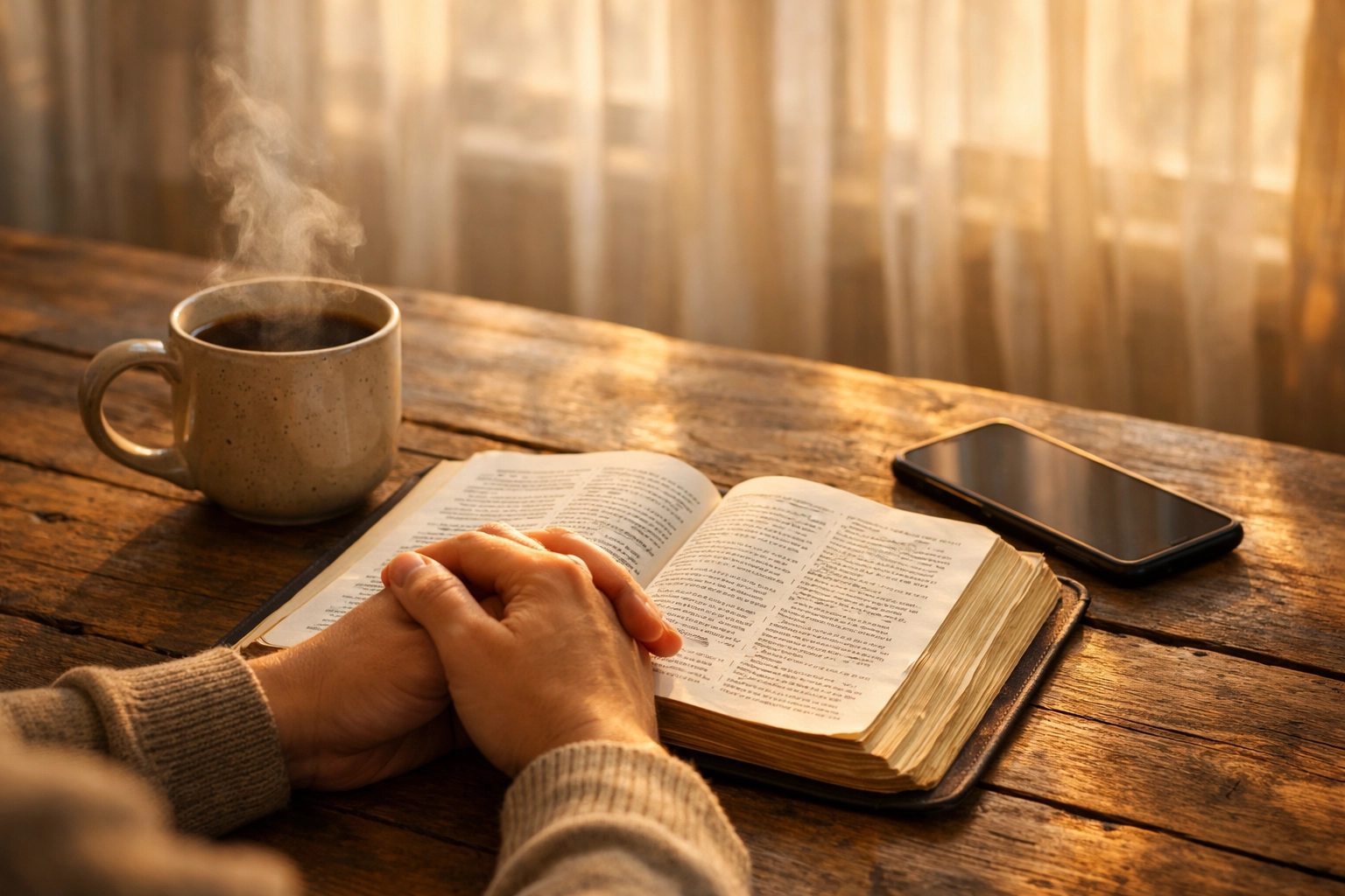 Morning prayer and Bible study with smartphone face down representing healthy news boundaries
