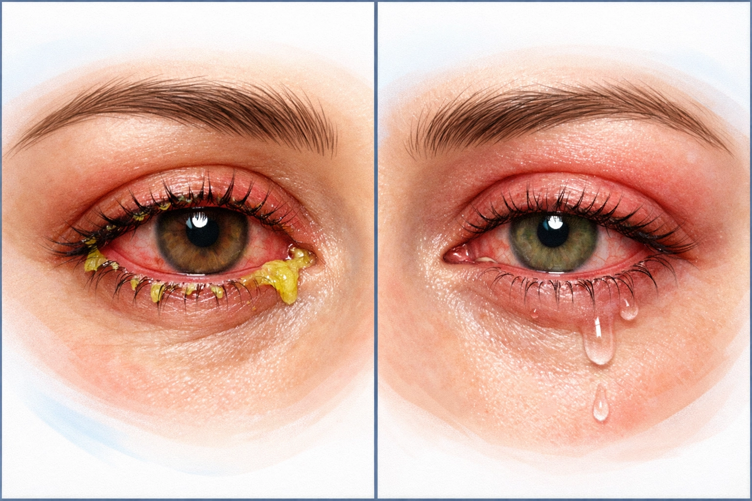 Side-by-side comparison of pink eye with yellow discharge and allergic conjunctivitis with watery eyes