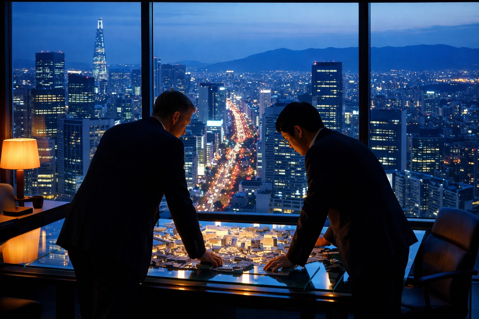 Global strategists in a Seoul office discussing a cross-border Korea market entry strategy overlooking Teheran-ro.