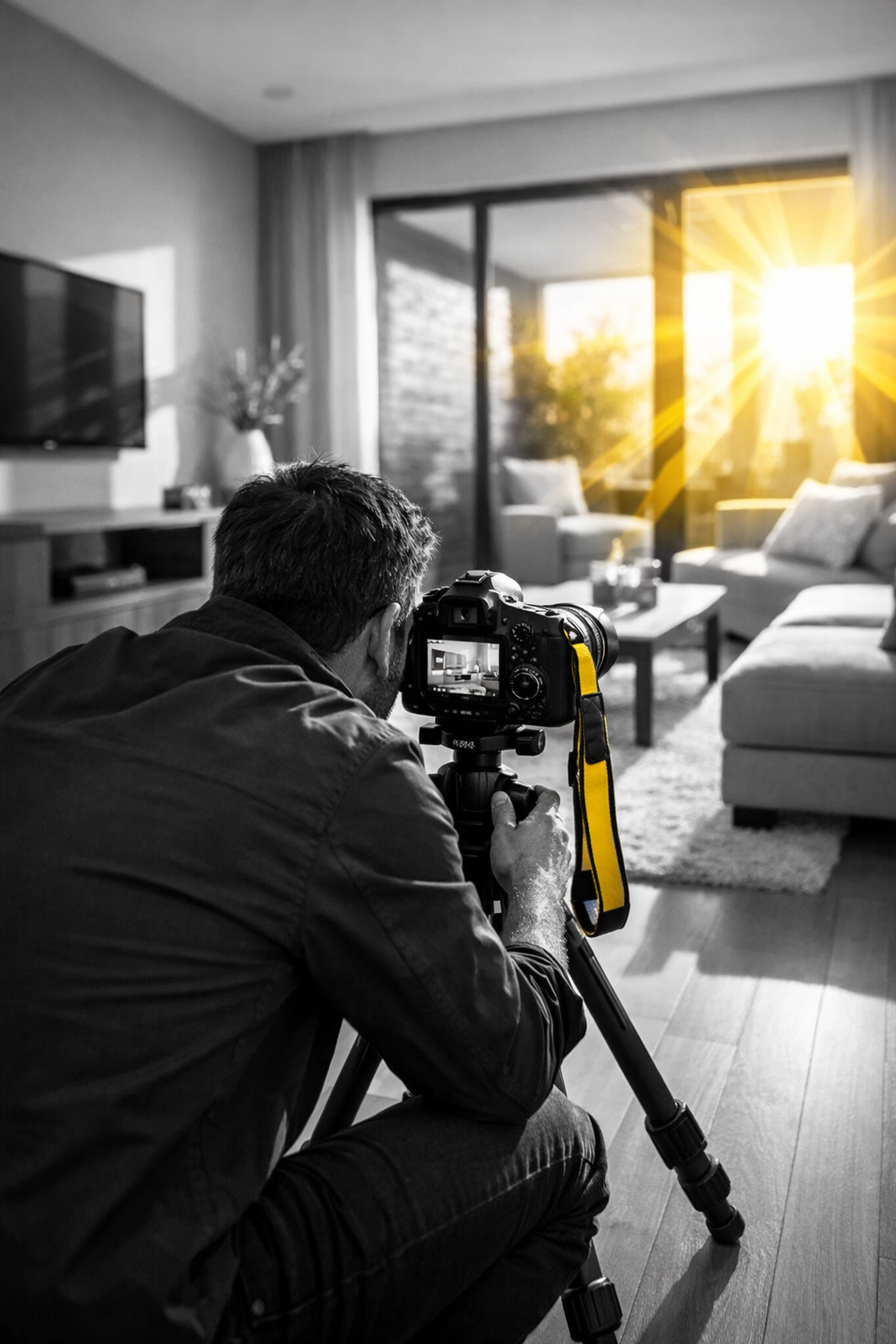 Professional real estate photographer capturing staged home interior with natural lighting