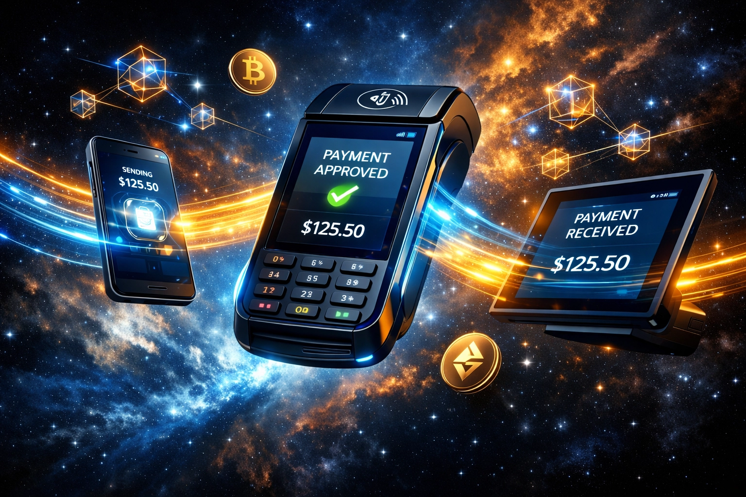 Futuristic crypto POS payment terminal showing instant blockchain transactions for small business merchants