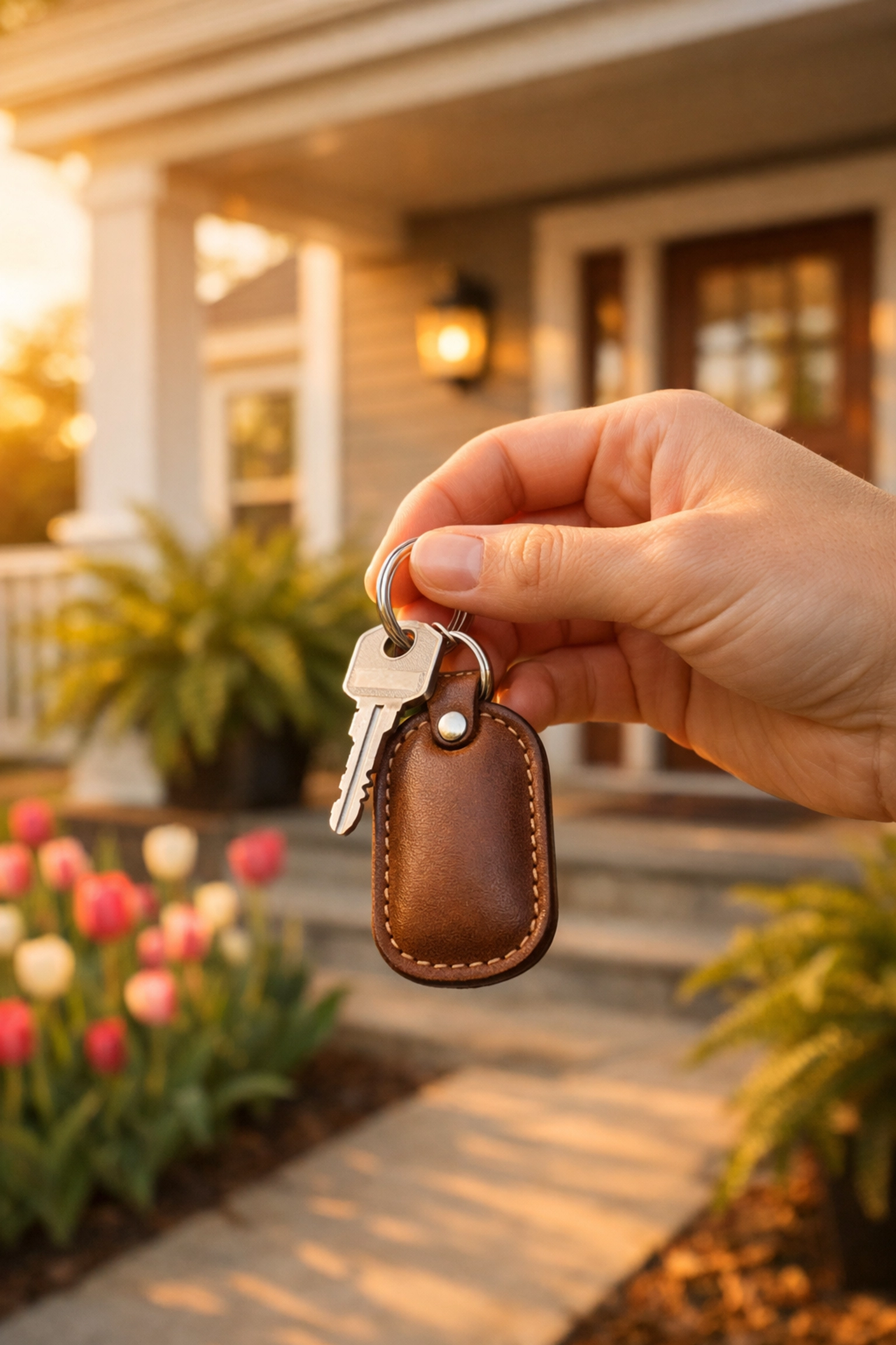 Close-up of a person holding house keys in front of a new contemporary Triad area home.
