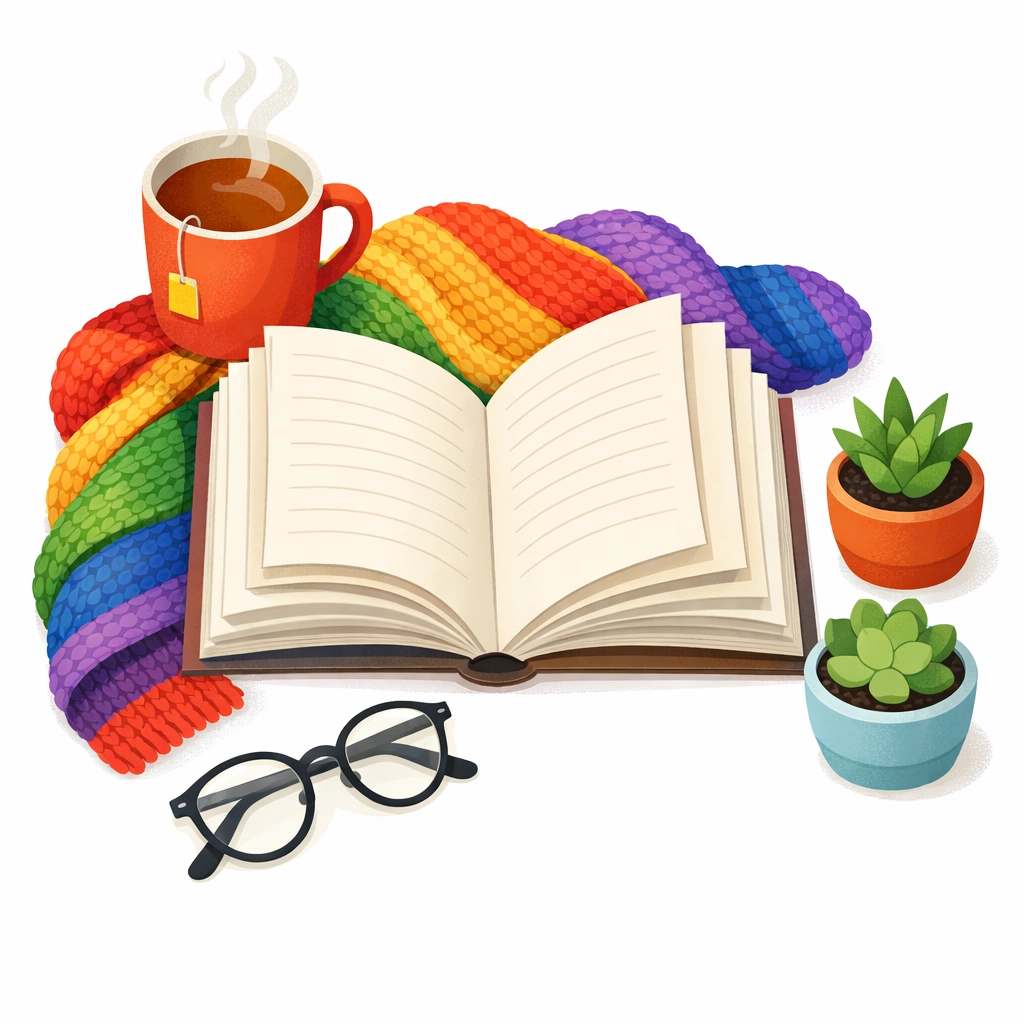 Cozy reading setup with book, rainbow blanket and tea representing LGBTQ+ self-care through stories