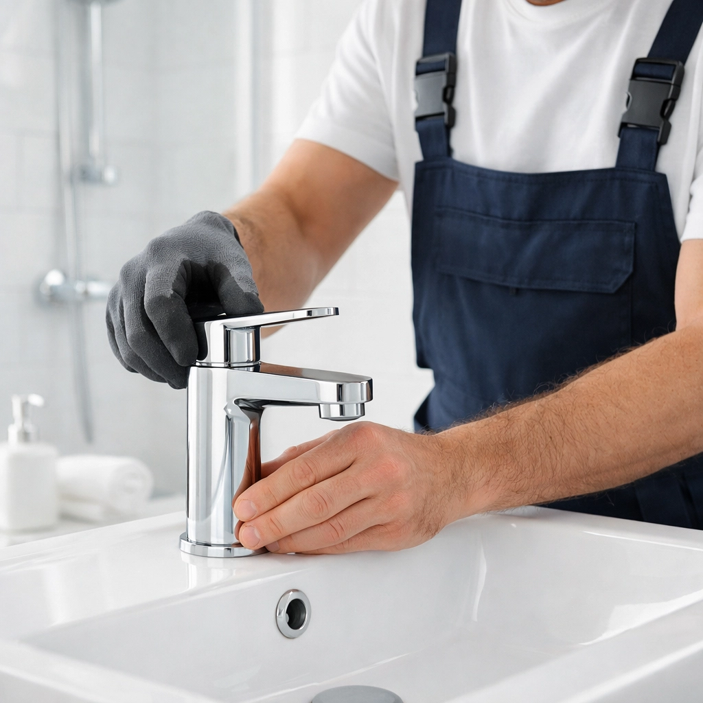 Maintenance worker installing bathroom fixture during apartment turnover coordination