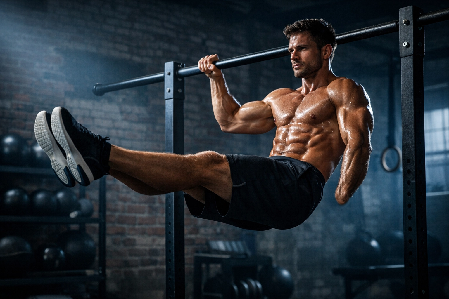 Male athlete holding L-sit position on pull-up bar demonstrating advanced calisthenics training at home