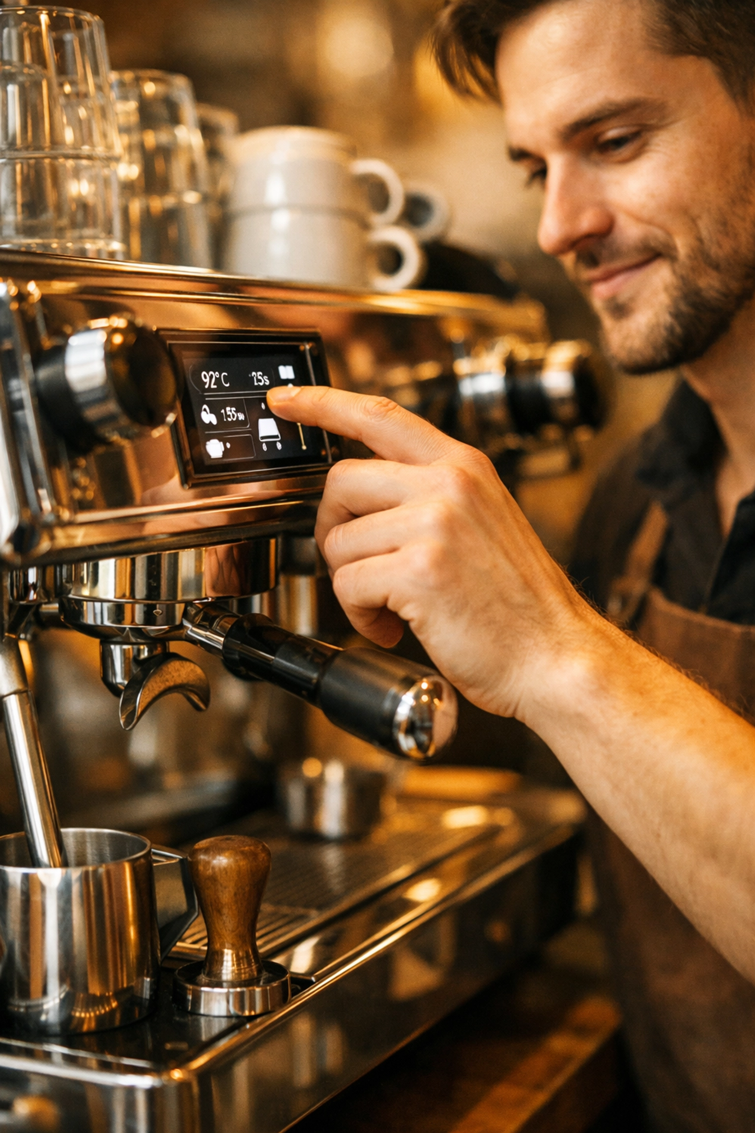 Barista adjusting settings on premium commercial espresso machine