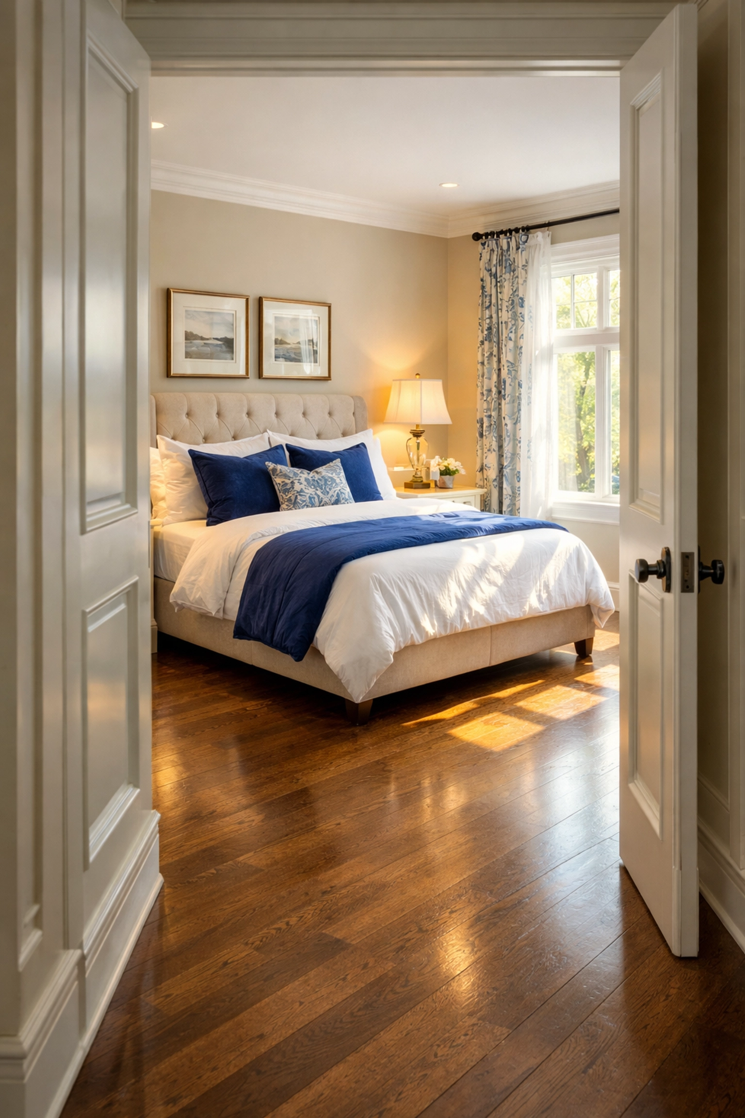 A serene and dust-free master bedroom in a Bolton home prepared by professional move-in cleaning services.