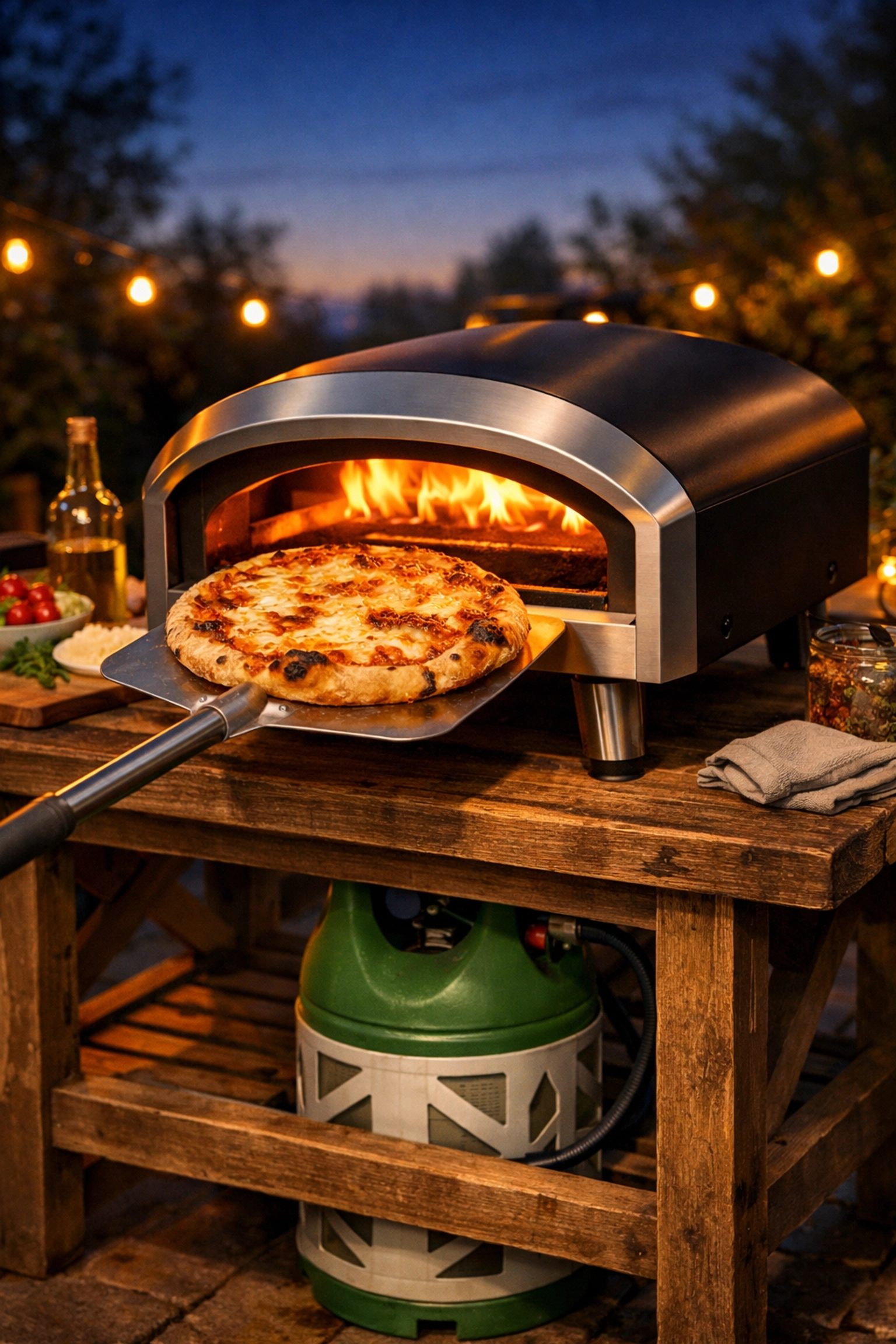 Fresh pizza being cooked in a gas-fired outdoor oven fueled by a green propane cylinder.