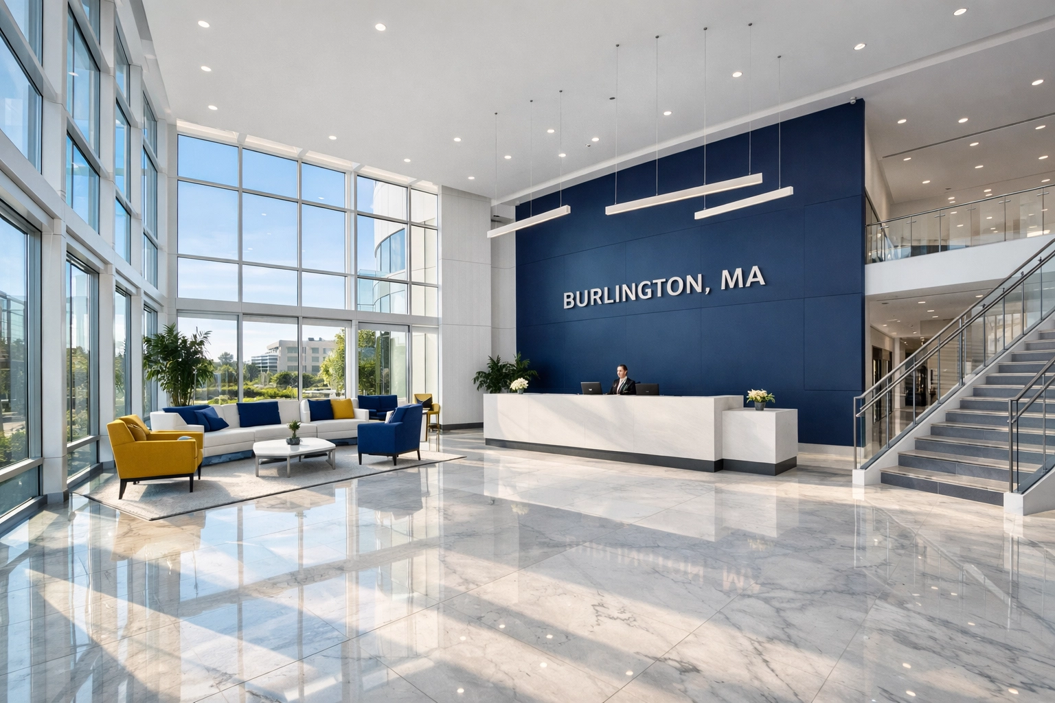 Clean corporate lobby in Burlington, MA with polished marble floors and professional reception area.