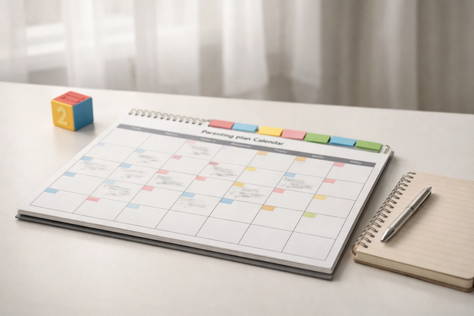 Parenting plan calendar with tabs and a small toy block on a table | custody lawyers Fredericksburg VA parenting plan schedule and visitation calendar
