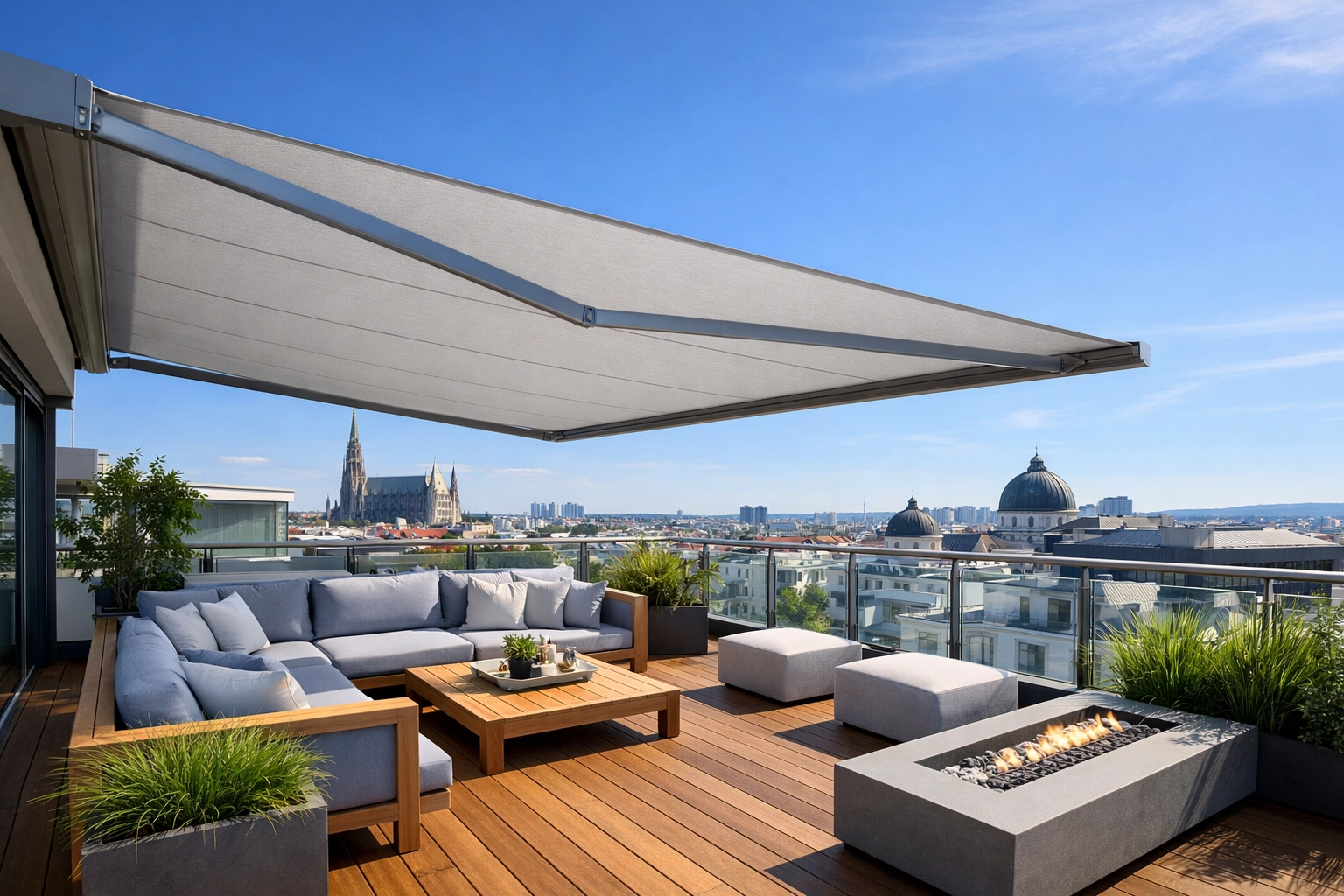 Individuelle Markise nach Maß auf einer sonnigen Wiener Dachterrasse.