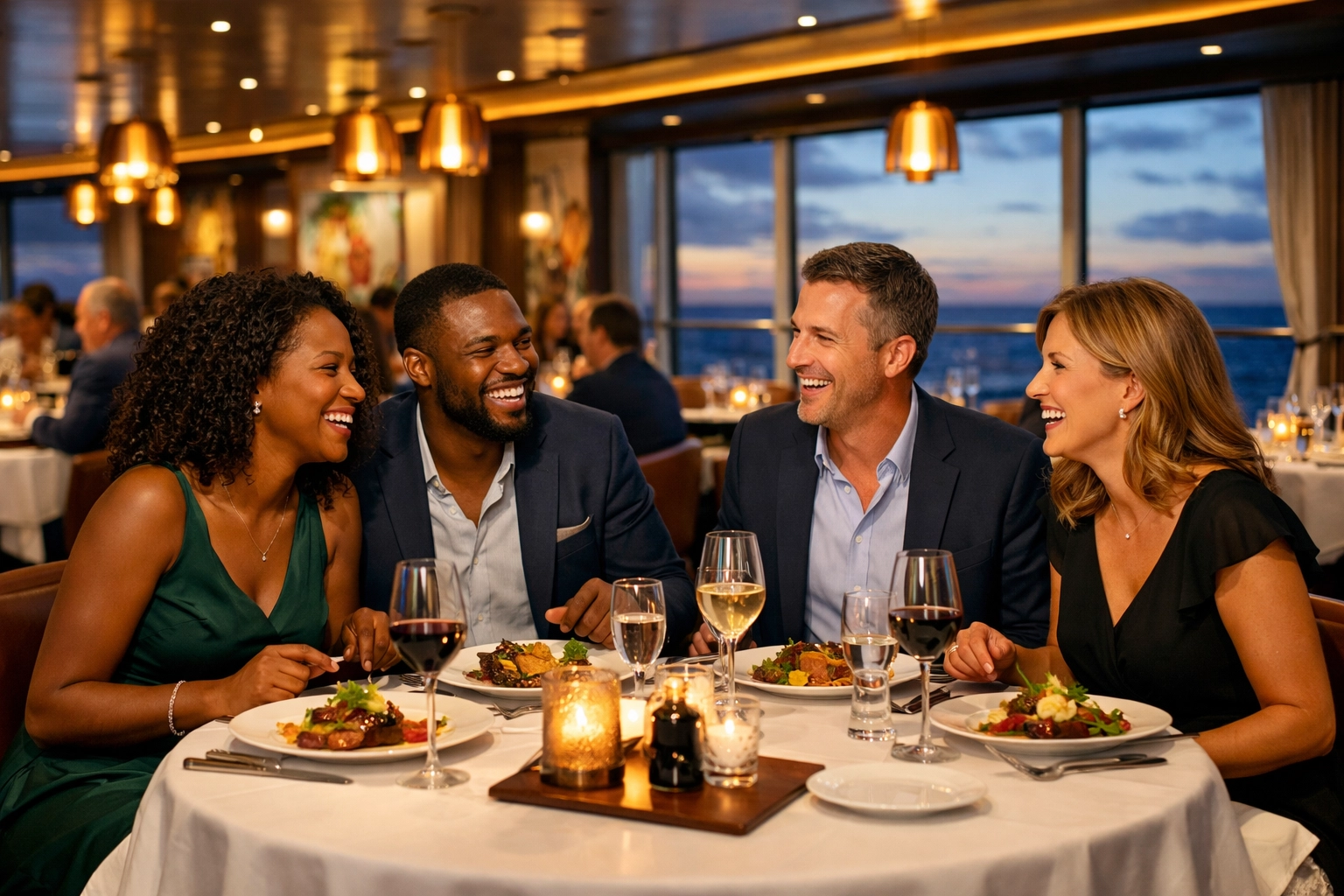 Upscale Virgin Voyages restaurant with couples dining on gourmet cuisine