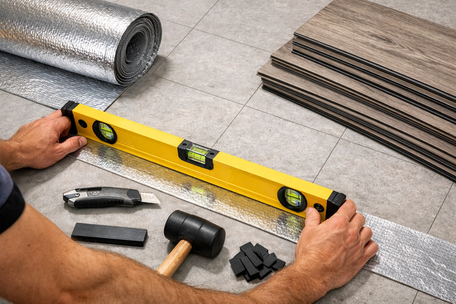 Professional flooring installation Orlando with precision tools and moisture barrier preparation