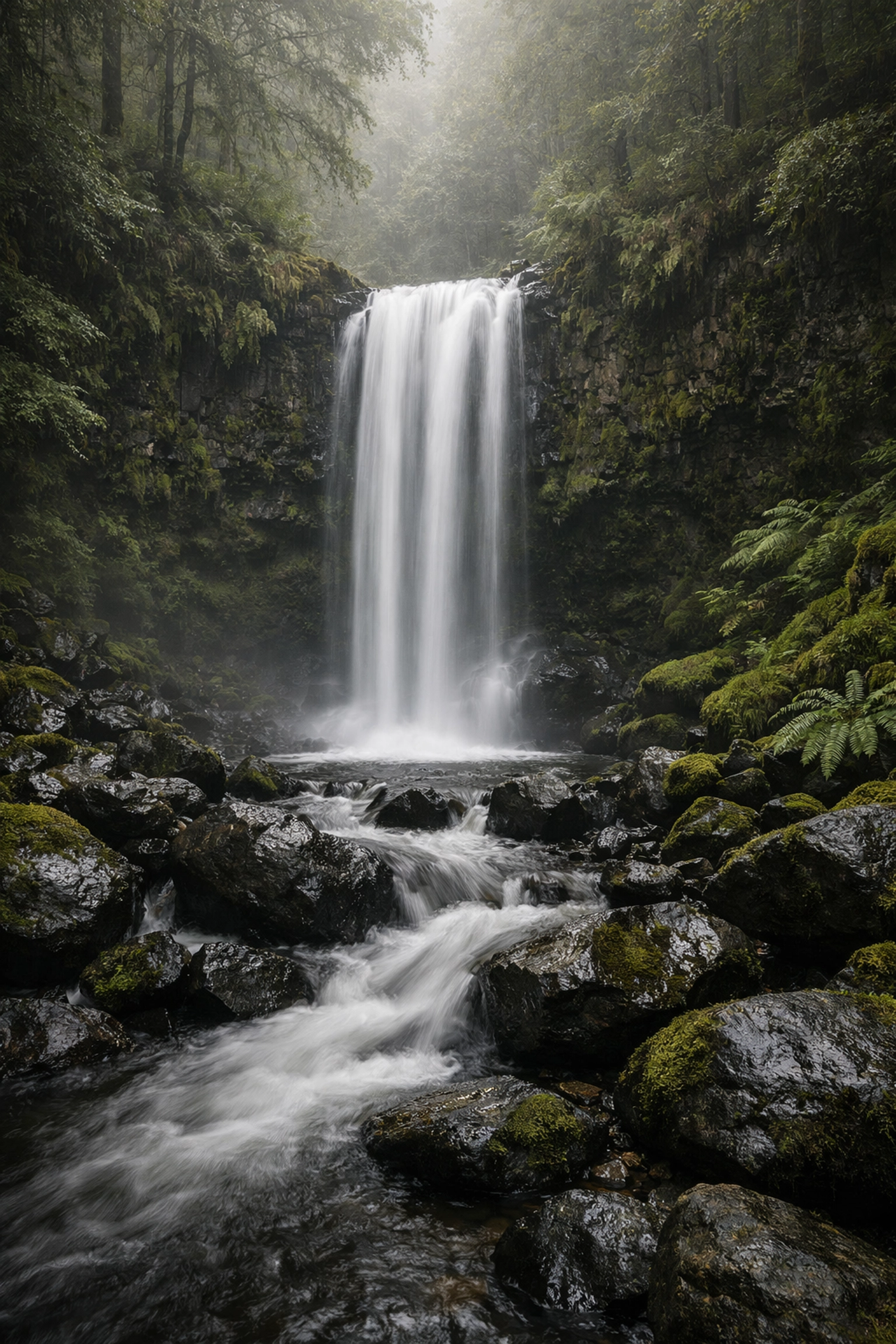 Mist-covered waterfall in a rainforest illustrating natural editing tips for landscape photography.