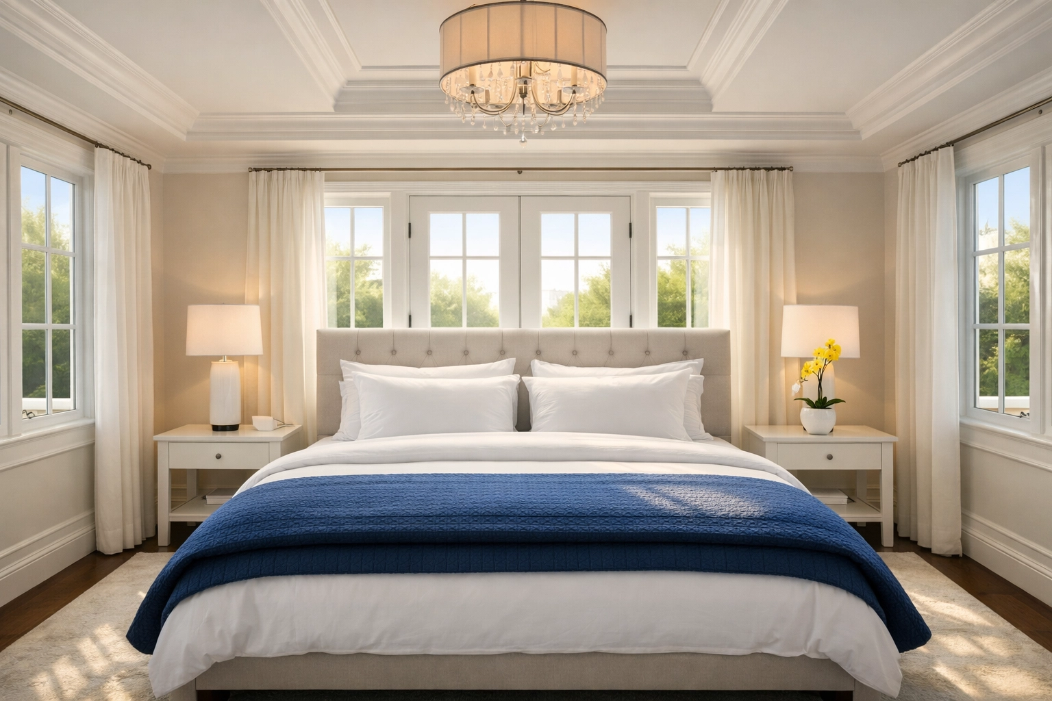 A clean, airy master bedroom in Wellesley with white linens and navy decor for high-performance living.