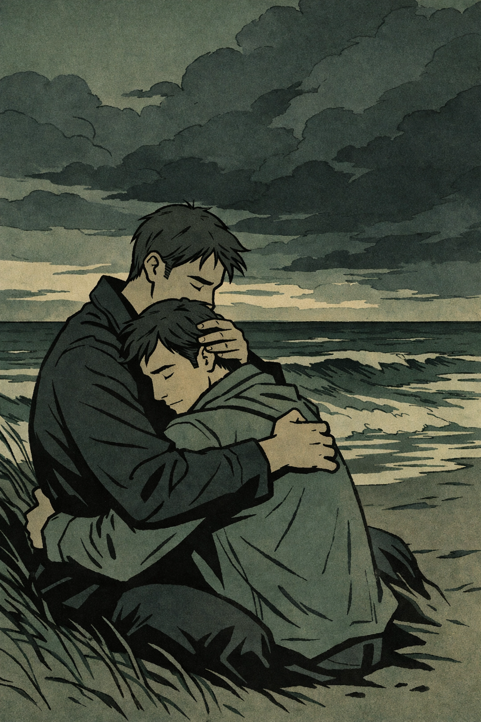 Two men embrace on windswept beach in tragic MM love story