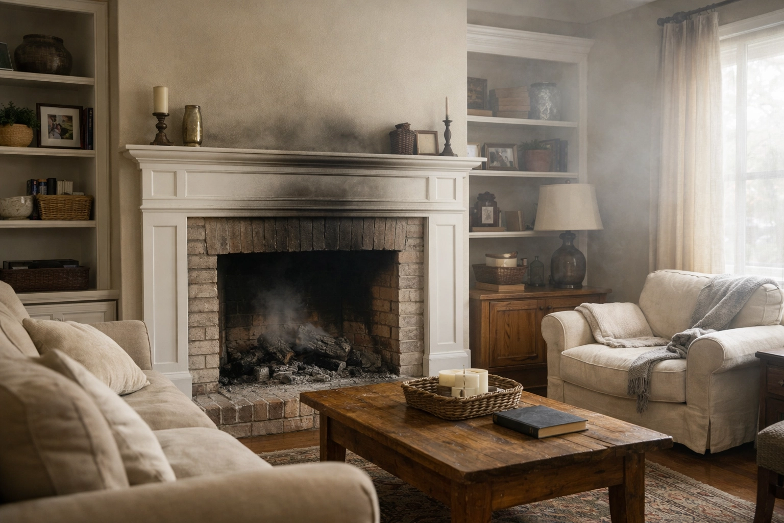 Smoke damage from blocked chimney backing up into Louisiana home living room