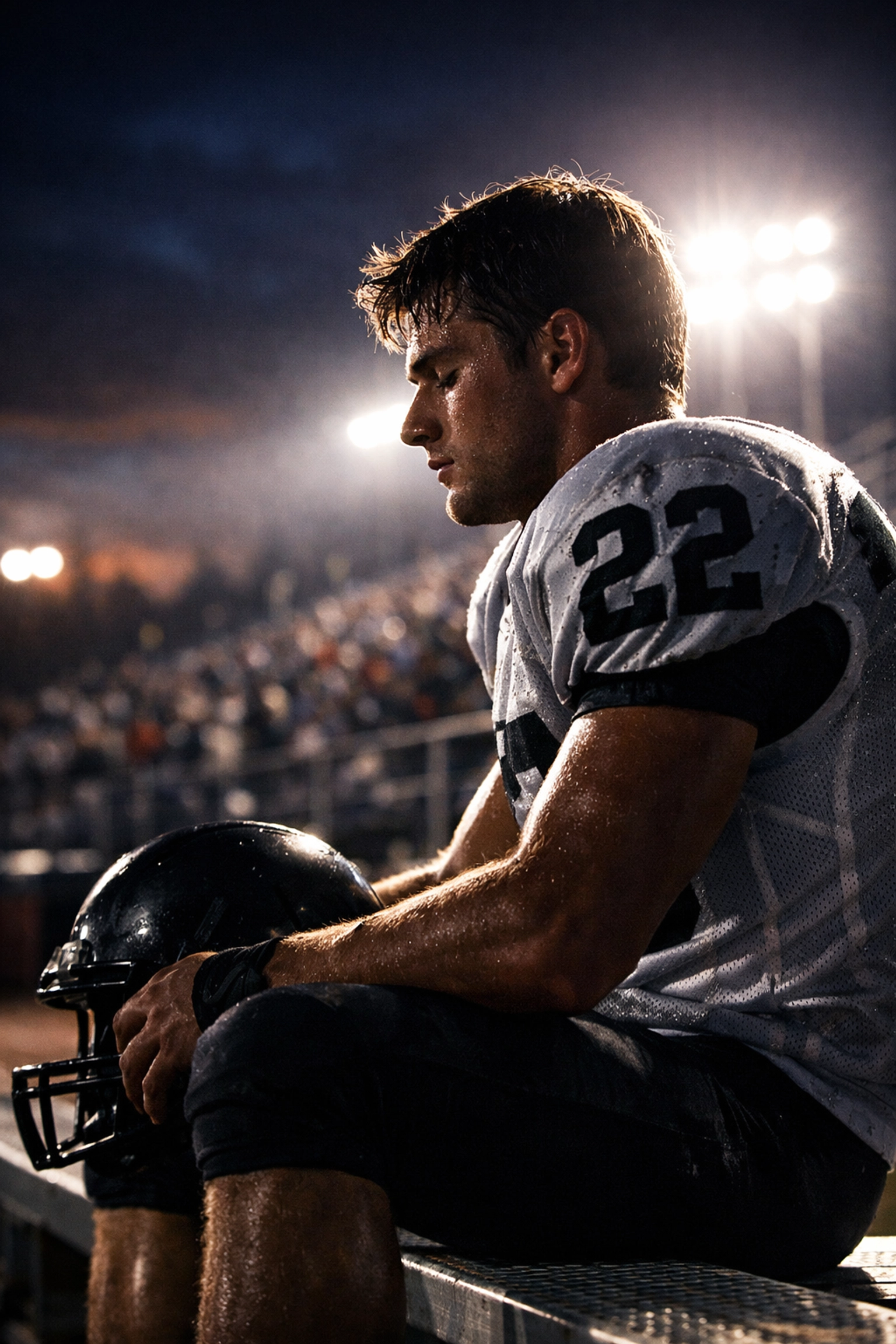Focused high school athlete using mental visualization techniques on the bench to improve concentration before a game.
