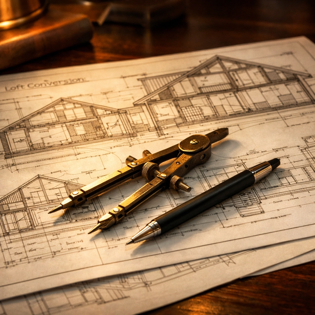 Detailed architectural blueprints and planning documents for a West Sussex loft conversion.