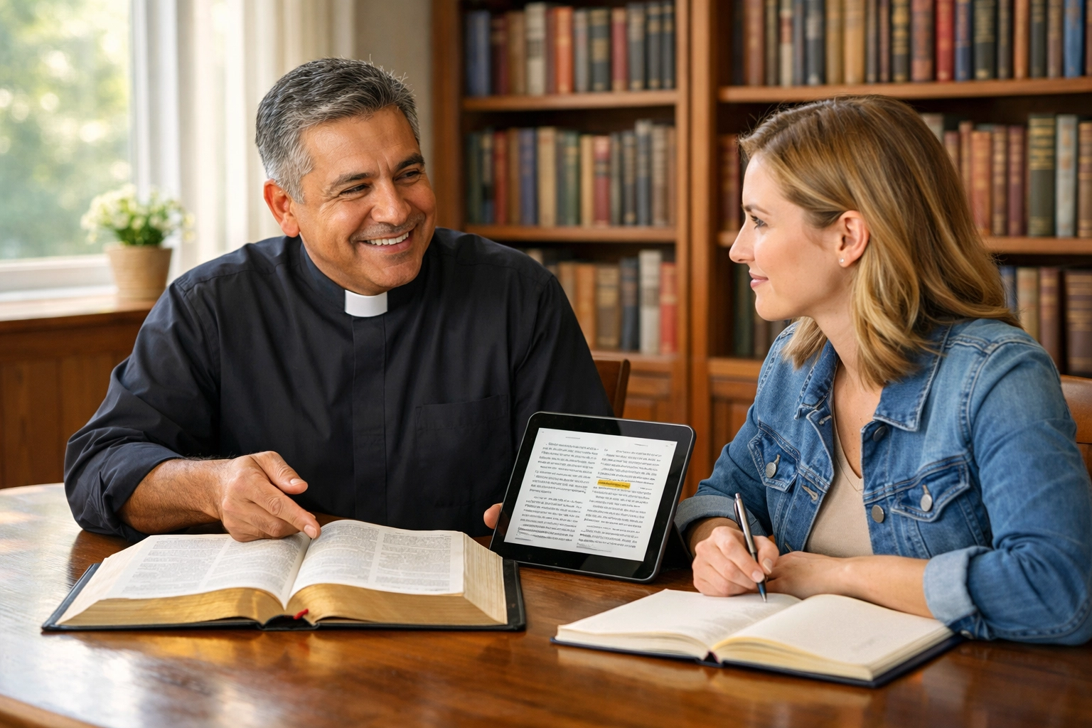 A pastor in a clerical collar mentors a student for their competency-based Master of Divinity in a church library.