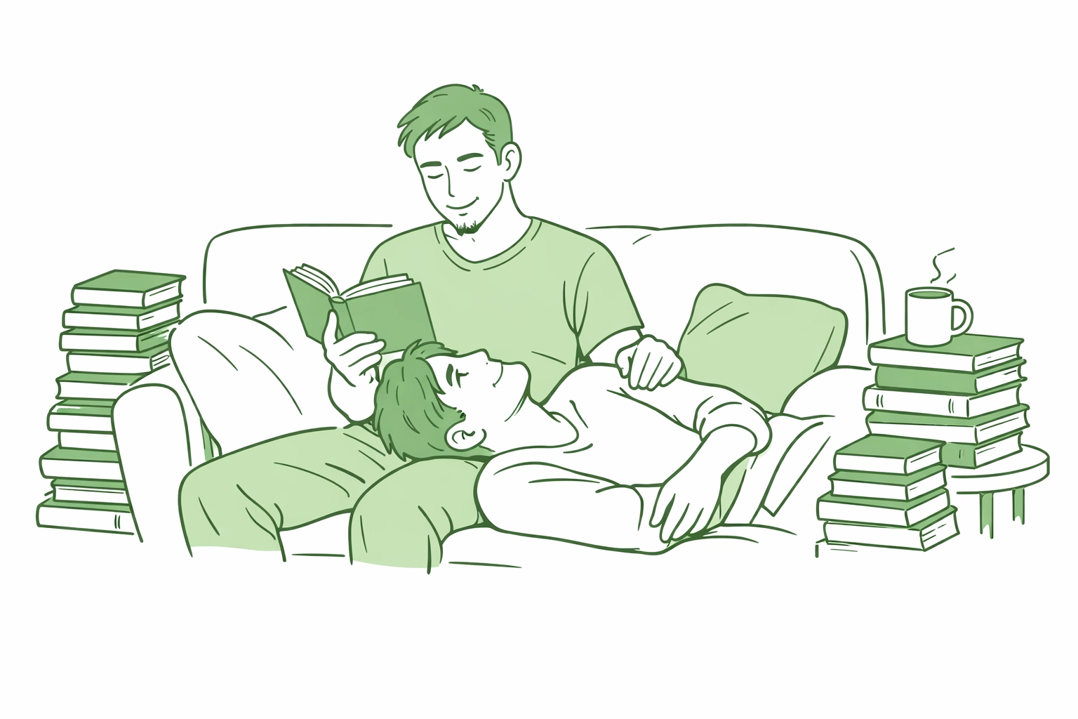 An affectionate gay couple reading MM romance books together, highlighting literature as a guide for self-discovery.