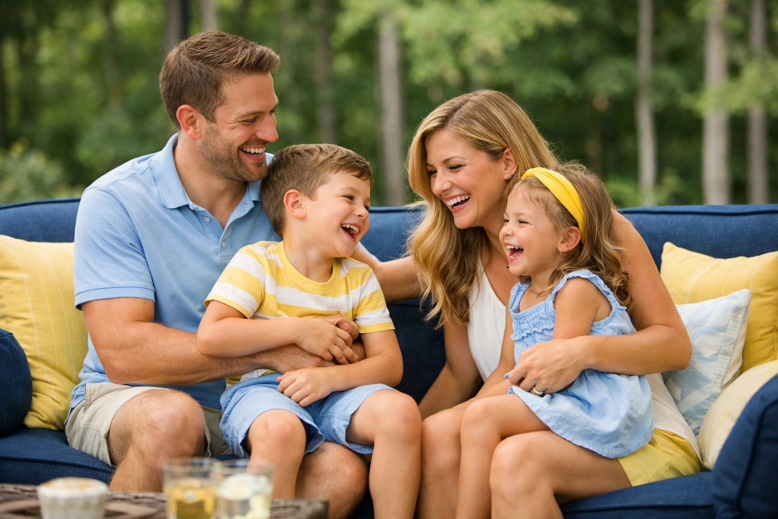 Family enjoying free time on a clean patio thanks to professional weekly house cleaning in Weston MA.