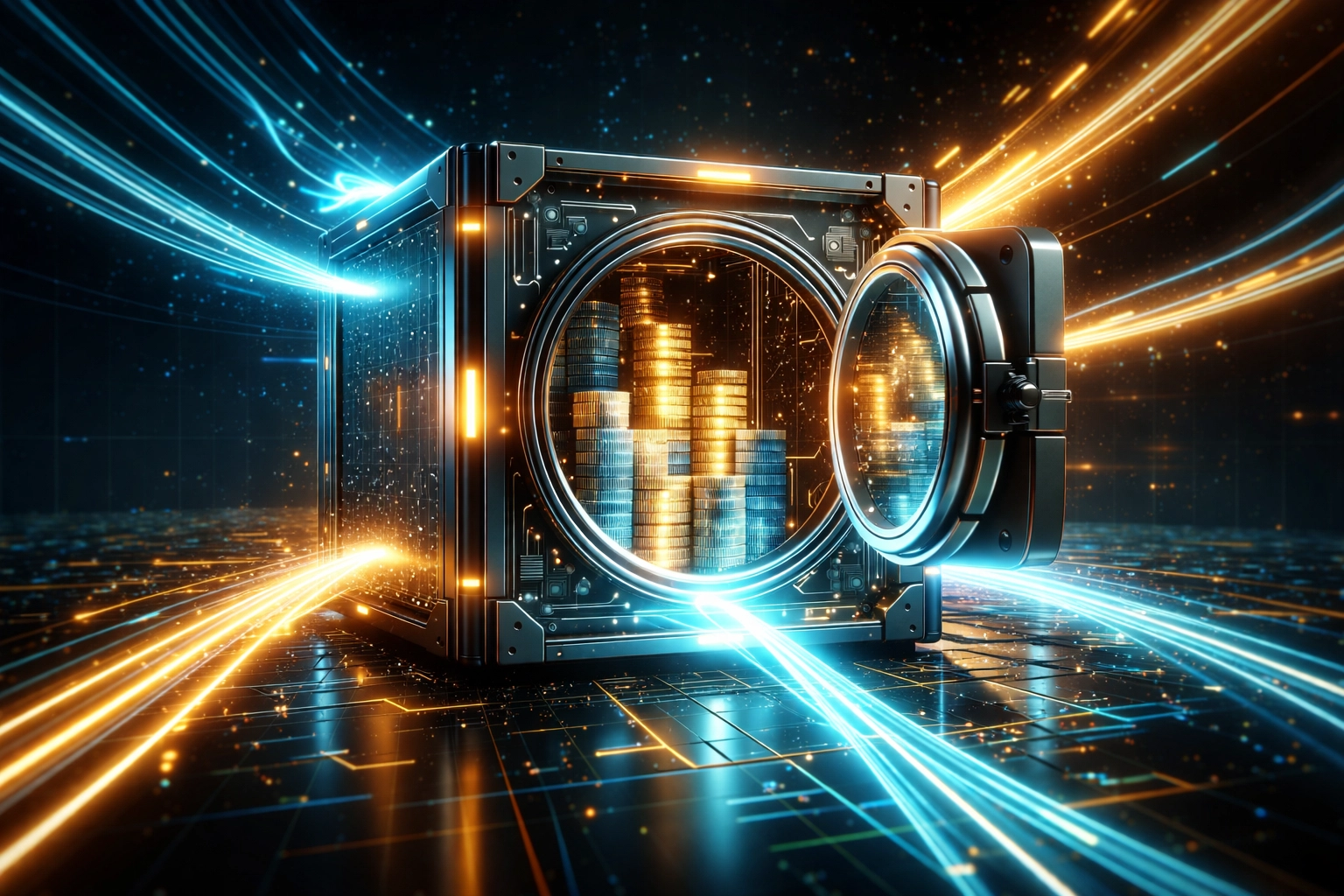 A digital vault symbolizes self-custody for Web3 payments, representing merchant financial sovereignty and control.