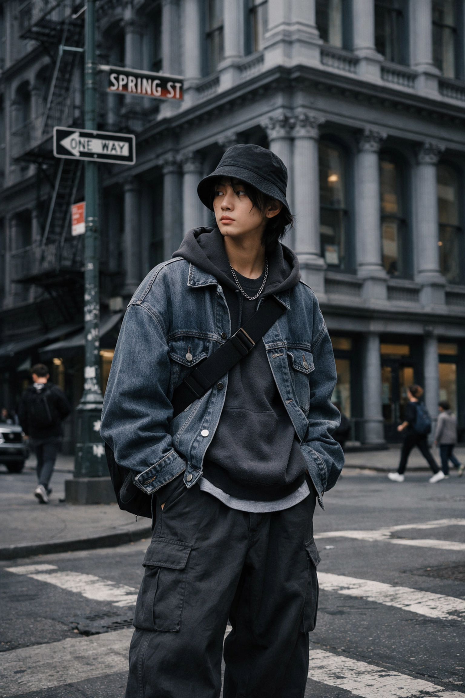 Young professional in New York City showcasing a blend of Seoul streetwear and American fashion trends.