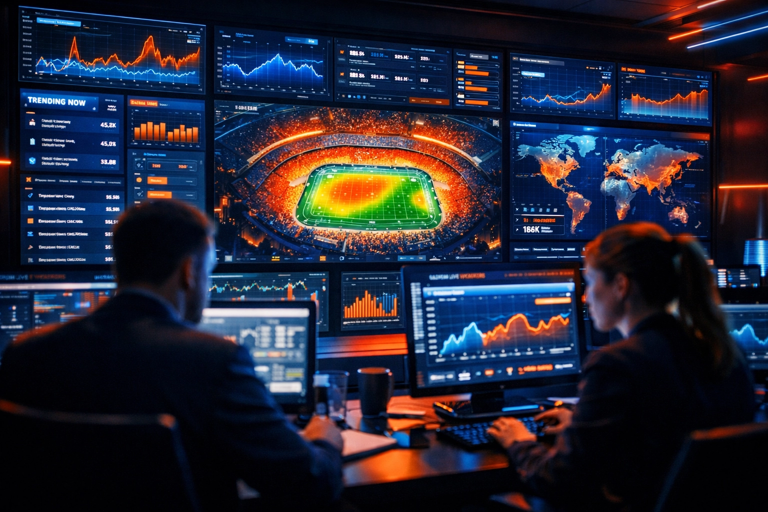 Digital marketing command center tracking real-time Super Bowl analytics and social media trends.