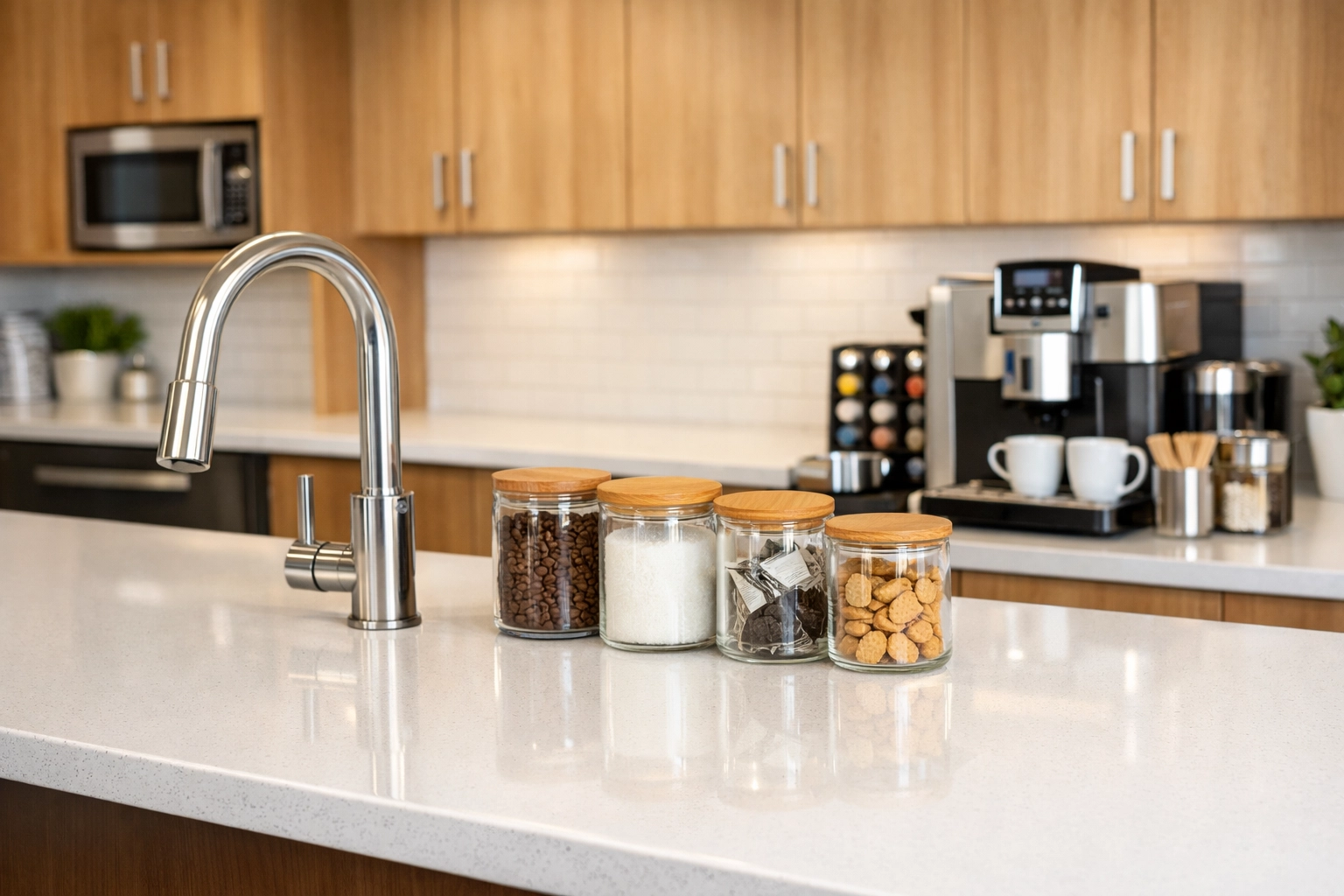 Pristine office breakroom with clean quartz countertops and streak-free surfaces in a Detroit workspace.