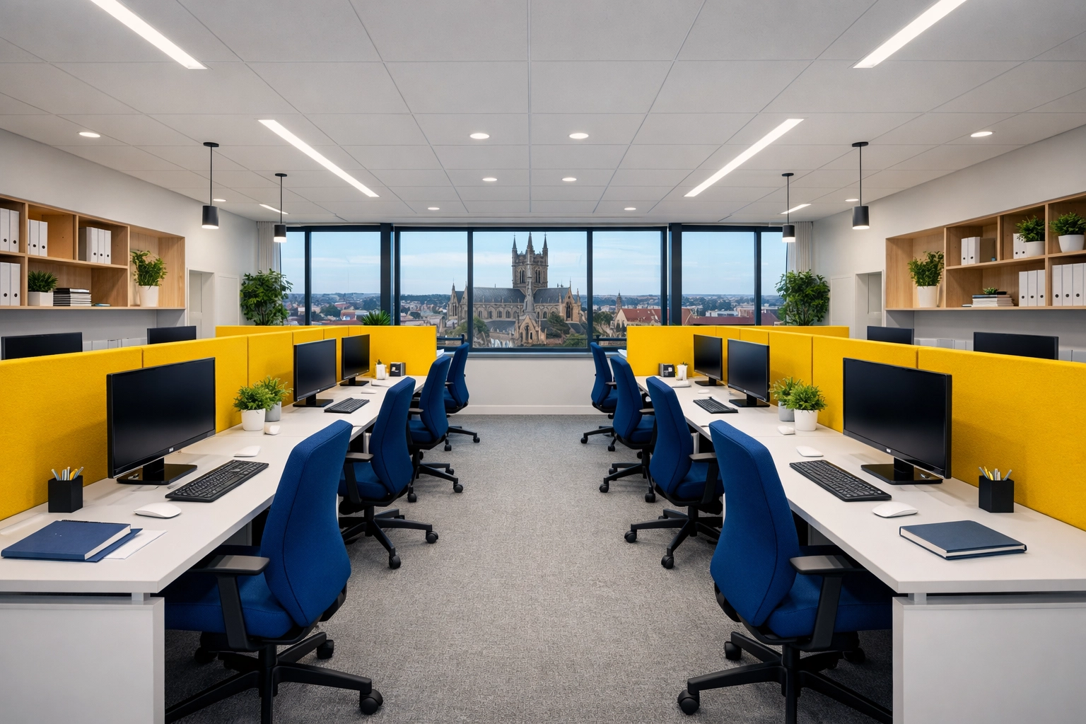 Perfectly clean and organized open-plan workspace showing professional office cleaning Worcester results.