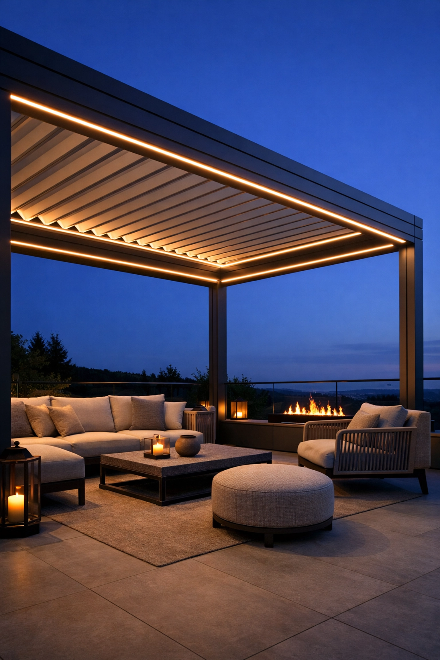 Modernes Lamellendach Wien mit integrierter LED-Beleuchtung für gemütliche Abende auf der Terrasse.
