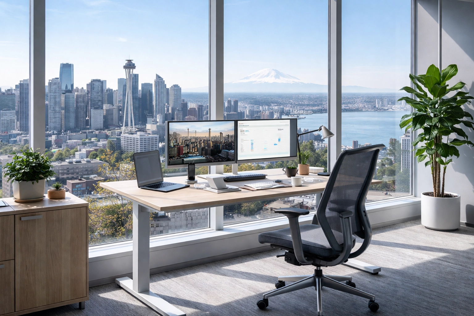 Modern Seattle office workspace setup showcasing the importance of workers' comp for professional businesses.