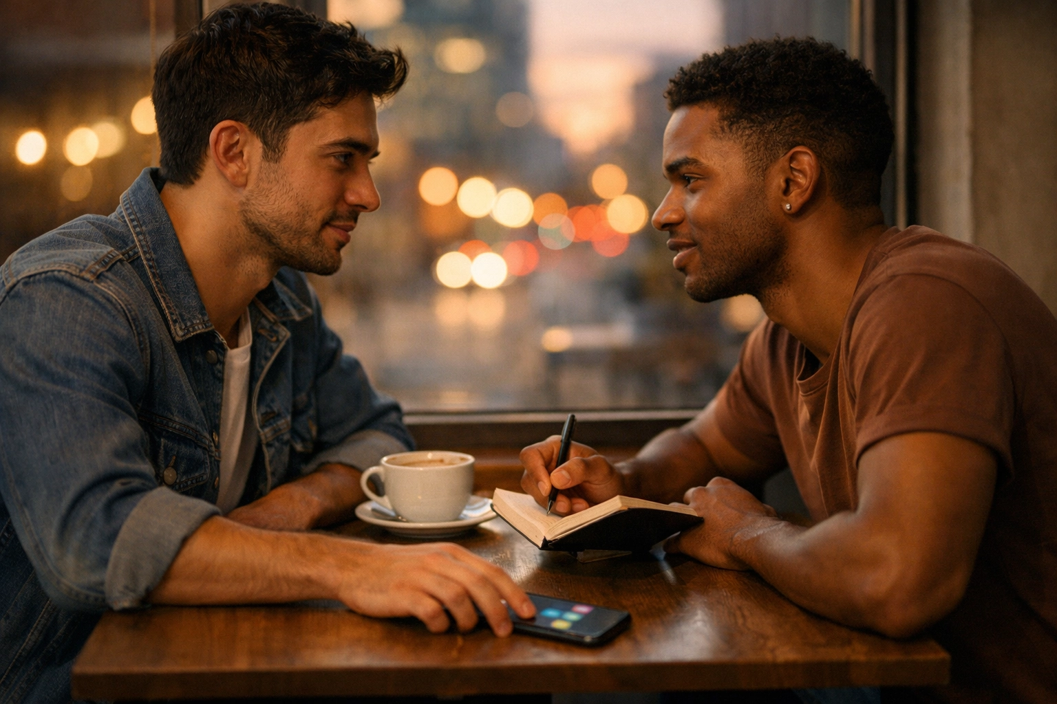 Two gay men at a cafe discussing dating intentions and building a serious gay love story.