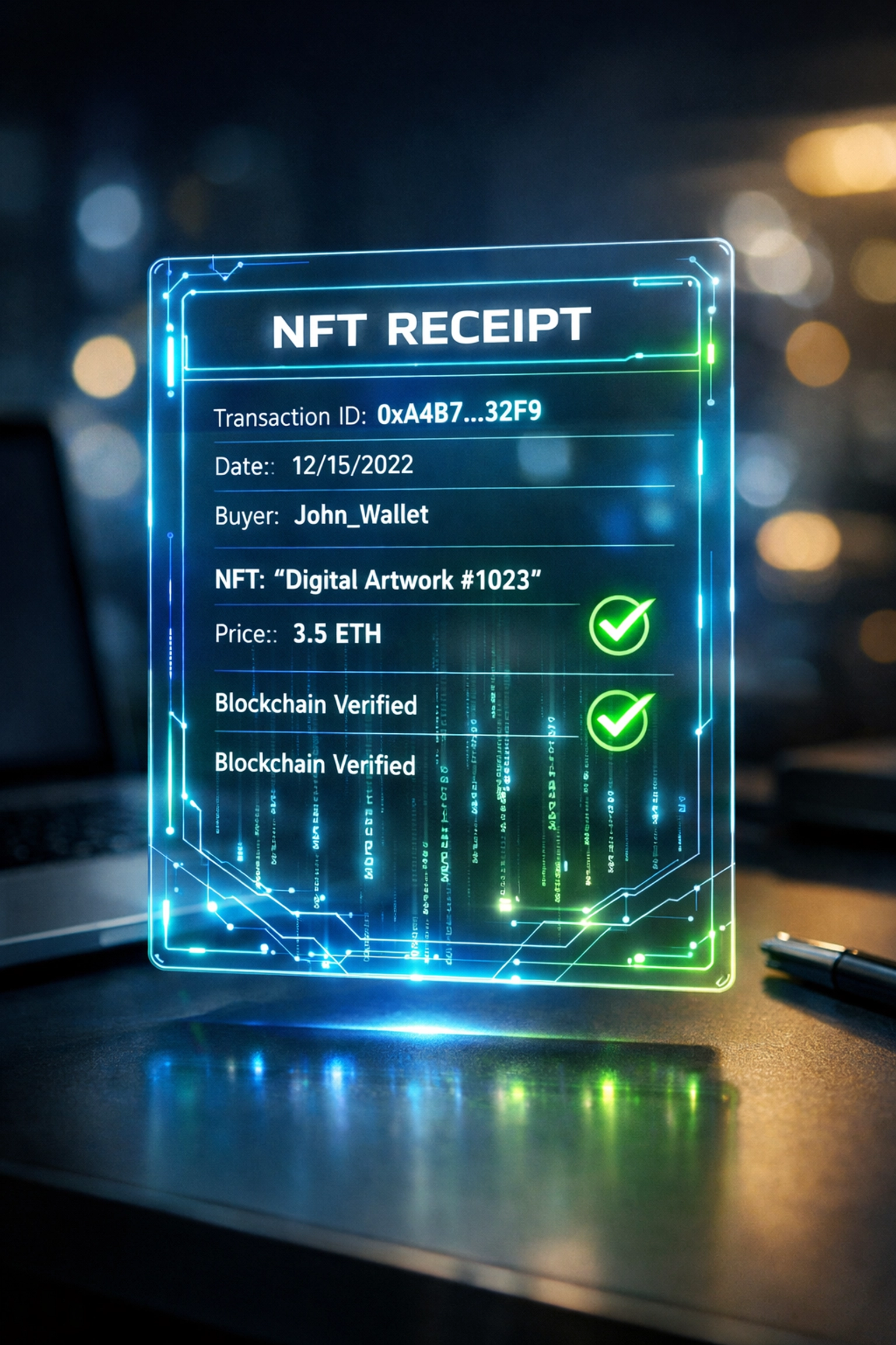 Blockchain-verified NFT receipt showing transparent transaction data and tax compliance documentation